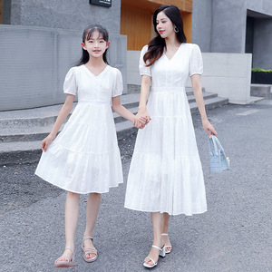 217夏装新款亲子装母女装韩版长款白色V领时尚连衣裙女童代发