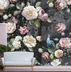 美式复古花卉壁纸玫瑰花朵客厅卧室床头背景墙纸餐厅装饰壁画壁布