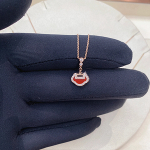 Qeelin/麒麟Yu Yi 18K玫瑰金钻石紅玛瑙项链镶钻如意锁吊坠锁骨链