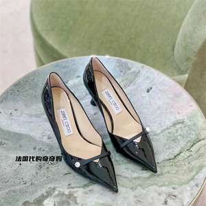 法国代购Jimmy Choo/周仰杰珍珠漆皮单鞋尖头蹄跟高跟鞋女单鞋
