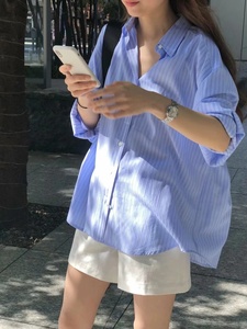 OUNCE 韩国东大门代购2024夏季新款 清新气质竖条纹宽松长袖衬衫
