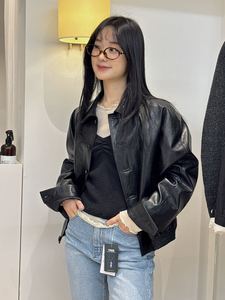 JINSIM 韩国东大门代购2024春季新款 复古时尚显瘦翻领皮衣外套