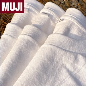 日本进口MUJ良品简约长袖230g重磅白色纯棉t恤女短袖纯色宽