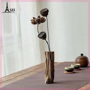 中式复古禅意客厅实木干花花瓶摆件茶室茶桌插花木头装饰品摆设