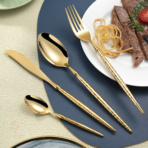 日式金色304锤纹不锈钢牛排刀叉勺筷套装家用西餐具甜品叉汤勺子