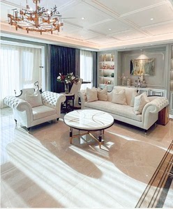 美式美家新古典埃弗利拉扣沙发 法式轻奢实木雕花布艺三人位沙发