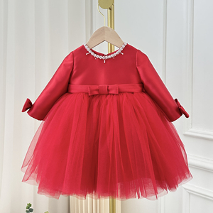 女宝生日一周岁公主裙女童长袖礼服过年主持人小红裙洋气秋冬年服