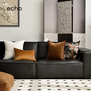 echo回声家居中古风复古焦糖色高档黑色皮沙发客厅抱枕样板间靠垫