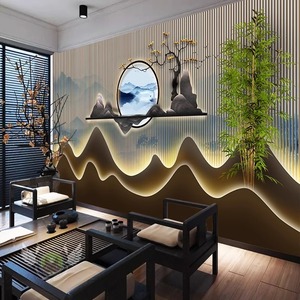 3D立体新中式墙贴山水电视背景装饰浮雕壁画直播店铺茶室装修壁纸