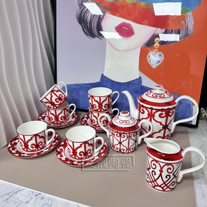 欧式高端骨瓷家用红色咖啡杯咖啡壶别墅餐厅创意茶杯水杯节日送礼