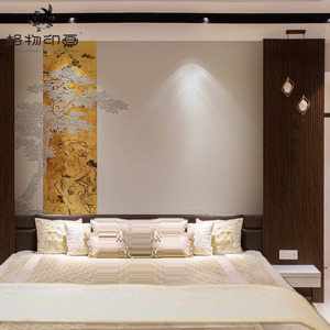 现代中式金箔浮雕松树山水客厅背景墙纸壁布书房卧室定制无缝壁画
