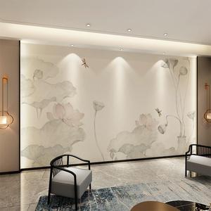 新中式水墨荷花墙布客厅电视背景墙壁纸茶馆书房养生馆墙纸壁画3d
