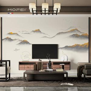 新中式大气山水电视背景墙纸水墨画壁布客厅沙发墙布卧室硬包壁纸