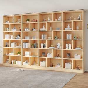 实木书架高2米2落地置物架一体靠墙客厅儿童实木书柜一体整墙到顶