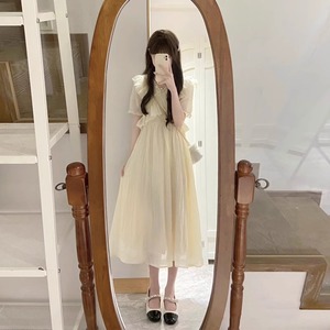 Basicpink设计感白色雪纺连衣裙女夏季温柔风荷叶边收腰显瘦长裙.