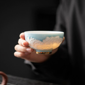 高档陶瓷茶杯个人专用品茗杯蝶恋花影雕功夫主人杯小清新简约纯色