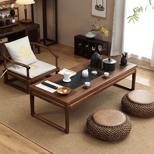 实木新中式矮茶几茶室茶桌椅组合日式榻榻米禅意茶桌老榆木长条桌