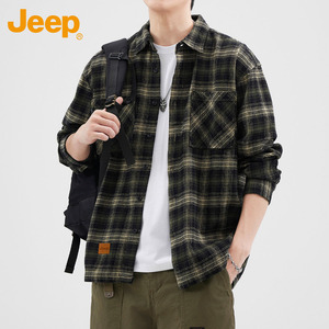 Jeep吉普男士长袖衬衫2024春夏季新薄款款复古格子衬衣纯棉外套男