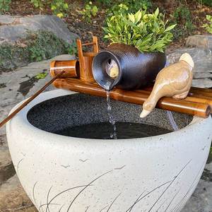 陶瓷鱼缸竹子流水过滤摆件三合一增氧净水圆缸专用过滤水循环系统
