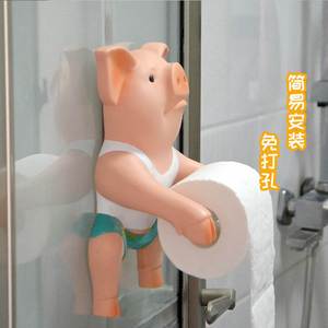 创意小猪纸巾架壁挂卫生间厕所摆件卡通客厅浴室厨房卷纸筒免打孔