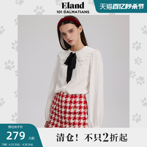 Eland衣恋白色衬衫女撞色蝴蝶结娃娃领春秋新款甜美风上衣