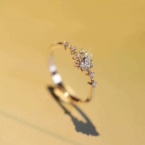 S925纯银欧美爆款可爱的女人黄金色雪花钻石戒指精致戒指女士饰品