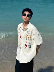 华夫格刺绣短袖衬衫男夏季高级感cleanfit七分半袖衬衣海滩外套潮