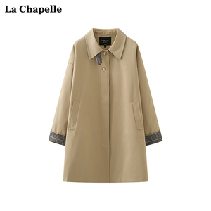 拉夏贝尔/La Chapelle春季格纹袖口休闲英伦风宽松中长风衣外套女
