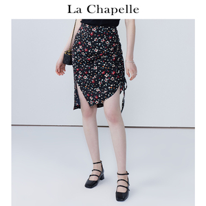 拉夏贝尔/La Chapelle黑底碎花侧边下摆抽绳开叉半身裙优雅长裙子