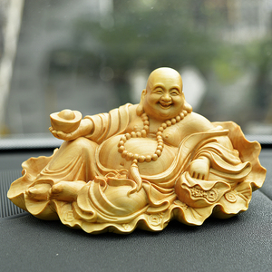 黄杨木雕刻弥勒佛佛像汽车载摆件饰品木头雕刻工艺品卧佛布袋和尚