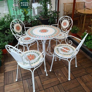 欧式户外阳台铁艺马赛克桌椅室外露台庭院休闲小茶几桌三件套组合