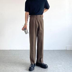 日系复古咖啡色垂感西裤男松紧腰裤子双侧扣休闲裤直筒西装裤宽松