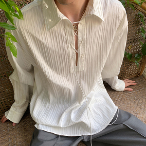韩国小众禁欲风白色褶皱质感抽绳设计衬衫男休闲宽松百搭长袖衬衣