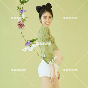 孕妇拍照孕妈咪韩版主题衣服装清新绿色可爱摄影孕妇照片写真服装