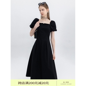 EGGKA设计感收腰连衣裙收腰显瘦夏季新款宽松垂感气质黑色a字裙子