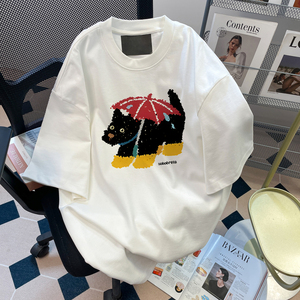 白色高级感小狗涂鸦短袖T恤女夏季韩版慵懒风宽松潮牌纯棉半截袖