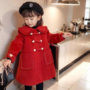 女童红色毛呢外套过年服23冬季韩版童装洋气时髦网红娃娃领呢大衣