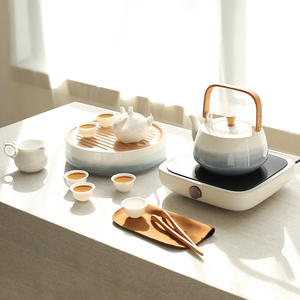 简约现代陶瓷功夫茶具家用茶盘圆形仿竹制茶台茶海茶壶三界电陶炉