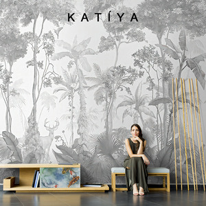 法式树林卧室美式丛林东南亚餐厅壁纸客厅电视背景墙墙布装饰壁画
