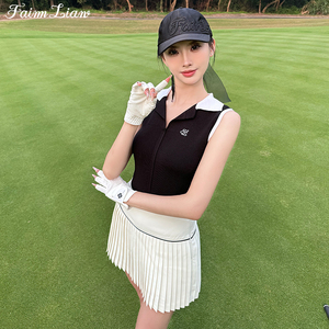fairmliarv高尔夫服装女士韩国夏季polo领黑色上衣百褶短裤裙套装