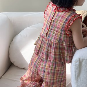 巴拉巴拉2024夏季韩系女童套装新款洋气彩格密边无袖背心裤子两件