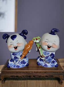 陶瓷摆件中式创意摆设结婚送礼雕塑可爱手绘青花陶瓷娃娃家居装饰
