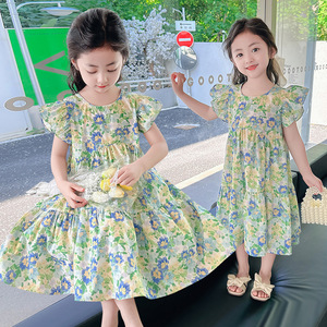 韩系女童夏季全棉连衣裙碎花小学生幼儿园中大童纯棉布裙荷叶边背