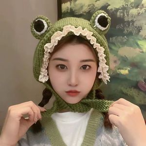 秋冬大眼睛青蛙帽头套护耳朵发带绿帽子韩版少女可爱甜美针织毛线