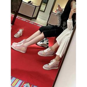 Christian Louboutin/CL 24春夏系带平底粉色板鞋满钻高帮鞋