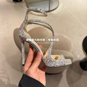 Jimmy Choo 周仰杰23春夏欧洲代购 亮片闪粉一字带细跟高跟鞋凉鞋