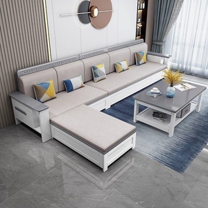 实木沙发灰白色冬夏两用组合现代简约中式储物北欧小户型木质沙发