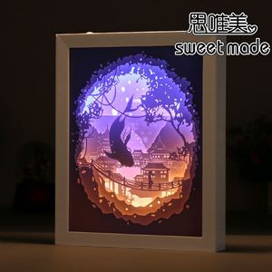 3立体光影纸雕灯大鱼海棠创意礼品立体木质相框小夜灯定制台灯