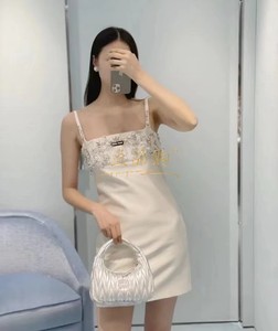 法国代购Miumiu/缪繆新款裙子水钻字母拼接收腰连衣裙女 吊带裙