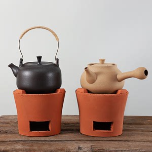 老中式红泥木炭土风炉茶炉火碳炉烧水煮茶柴烧耐火提梁侧把陶土壶